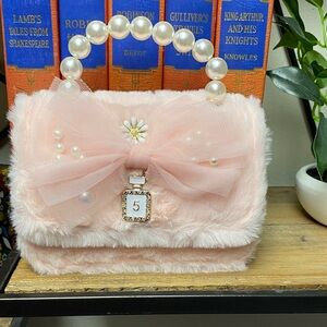 Pink Faux Fur Handbag with Pearl Handle